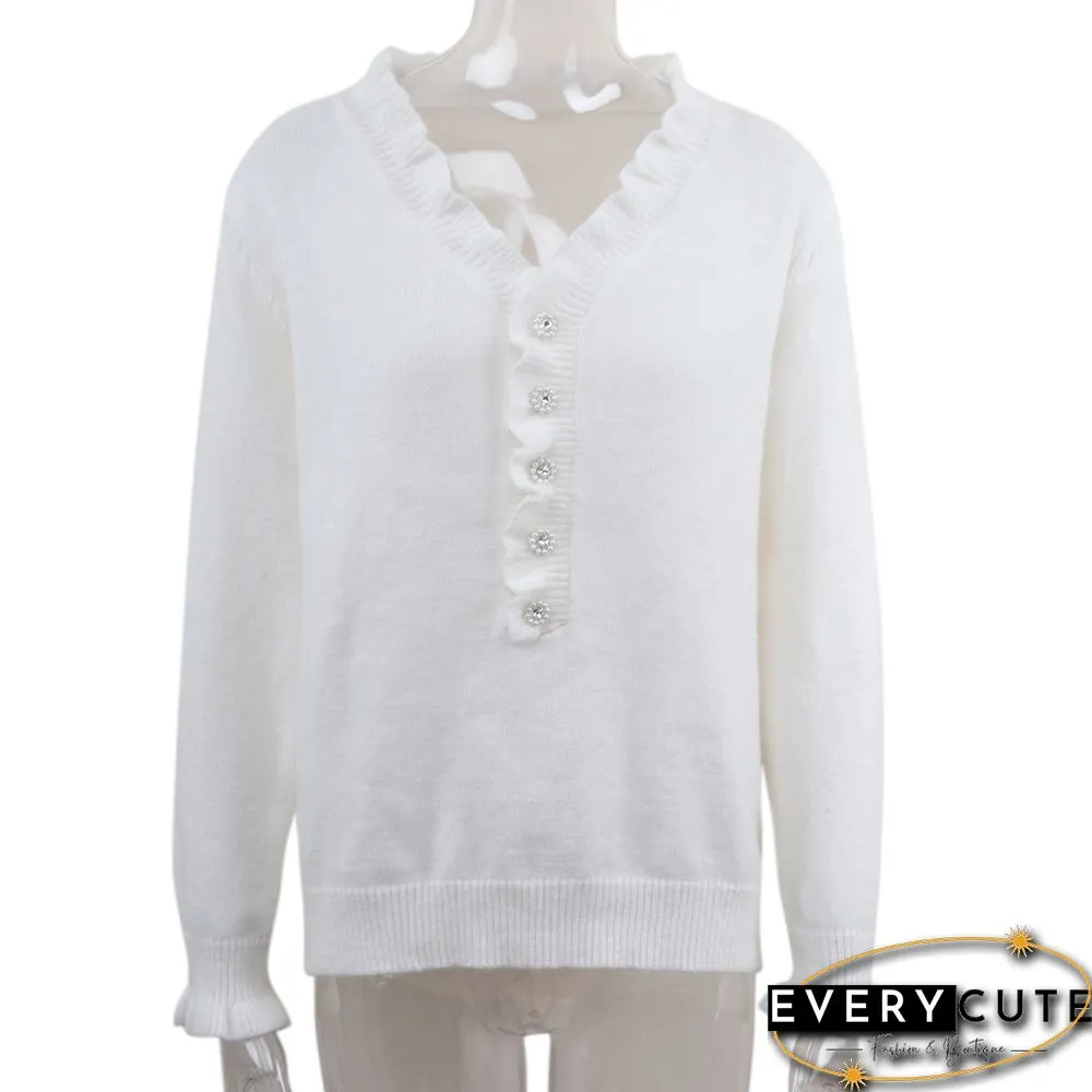 White Frilled V Neck Button Knitted Sweater