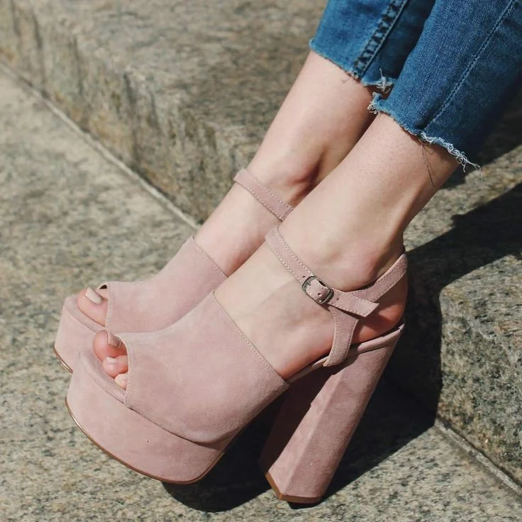 Pink Vegan Suede Platform Ankle Strap Block Heel Sandals |FSJ Shoes