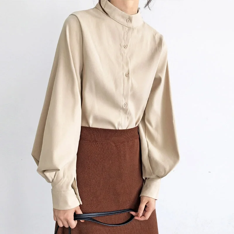 Uforever21  Big Lantern Sleeve Blouse Women Autumn Winter Single Breasted Stand Collar Shirts Office Work Blouse Solid Vintage Blouse Shirts