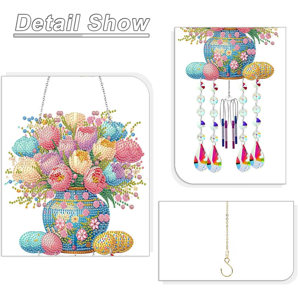 Double Sided Vase 5D DIY Diamond Art Painting Wind Bell Hanging Sign for Wall