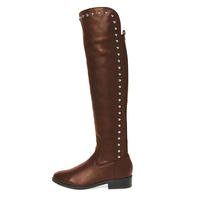 Brown Studs Round Toe Flat Long Boots Knee High Boots |FSJ Shoes