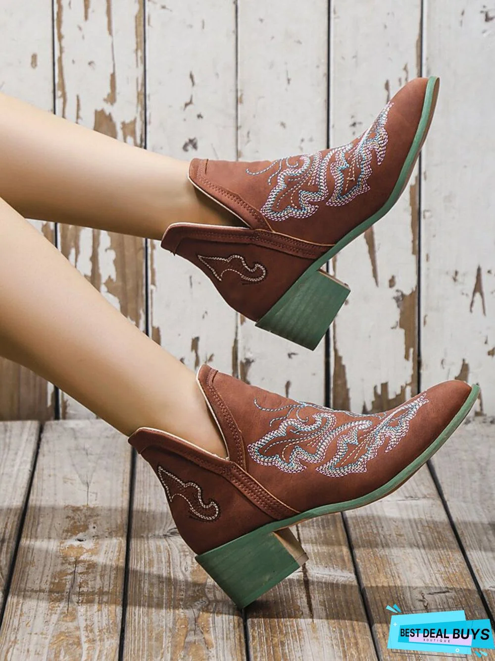 West Style Embroidered Detail Chunky Heeled Booties