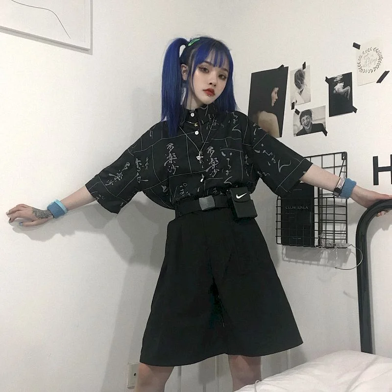 NiceMix Chinese Character shirts women blouses gothic black letter shirt clothes vintage summer tops shirt plus size couple