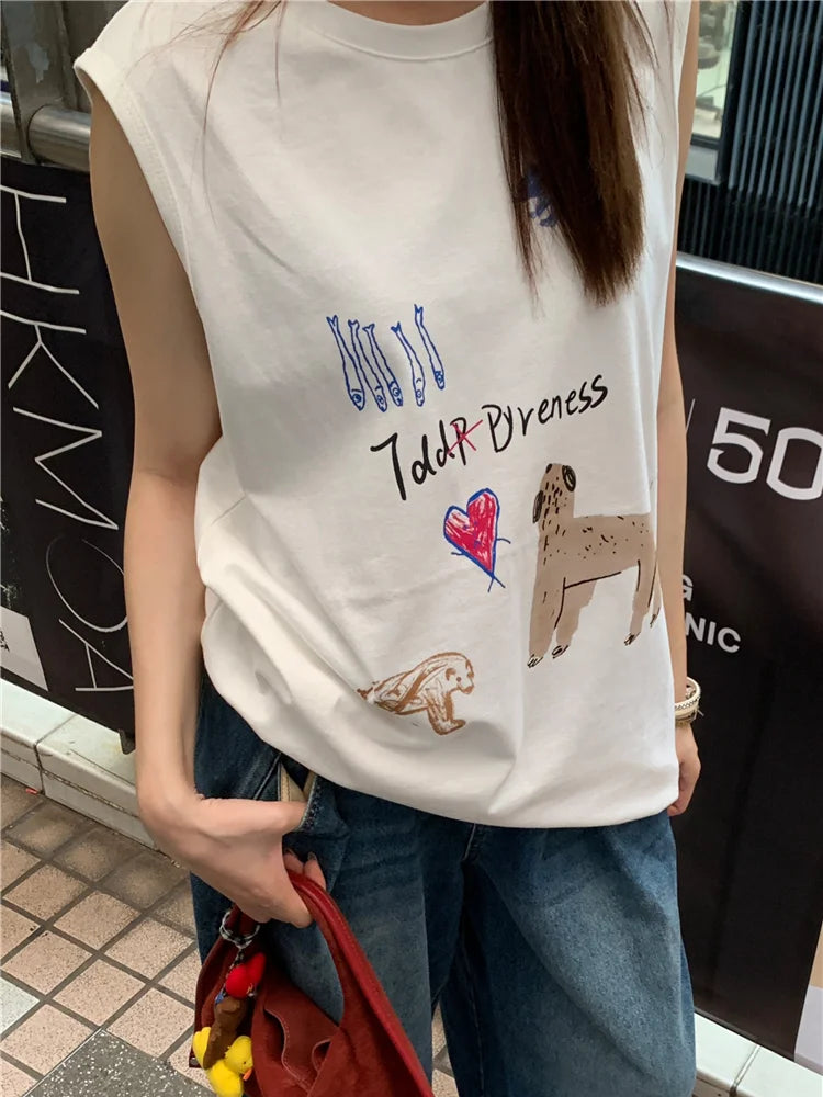 OLCooL Kawaii Doggy Graffiti Tank Top White Sleeveless Funny Print T-shirts Women Oversize Summer Fashion Korean Style Clothes olcool