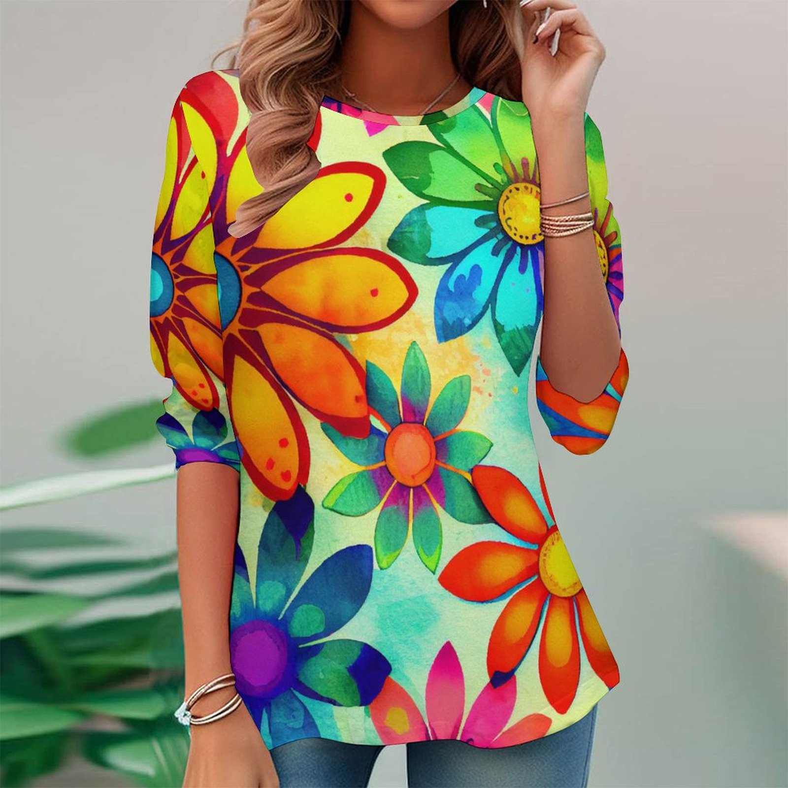 Women Long Sleeve V-neck Graphic Floral Printed Top