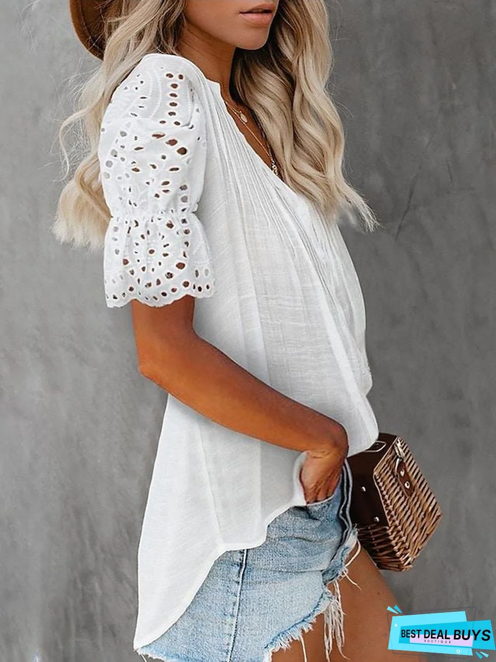 Women's Going Out Blouse Plain Lace Patchwork V Neck Tops Elegant Casual Basic Top White Black Blue