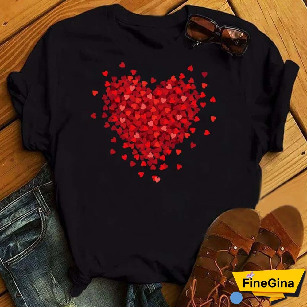 Maycaur Fashion Women T Shirt Love Heart Printed T Shirt Casual Red Tops 90s Valentine's Shirt Female Harajuku Graphic Tshirt