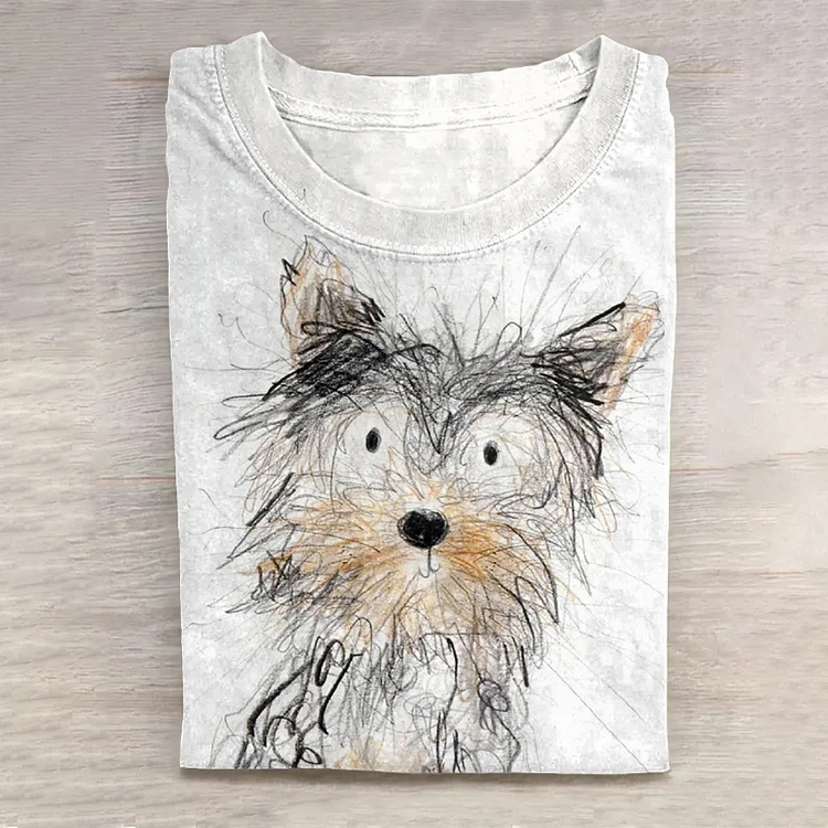Scrawled Puppy Art Cute Dog Print Casual Short Sleeve T-Shirt