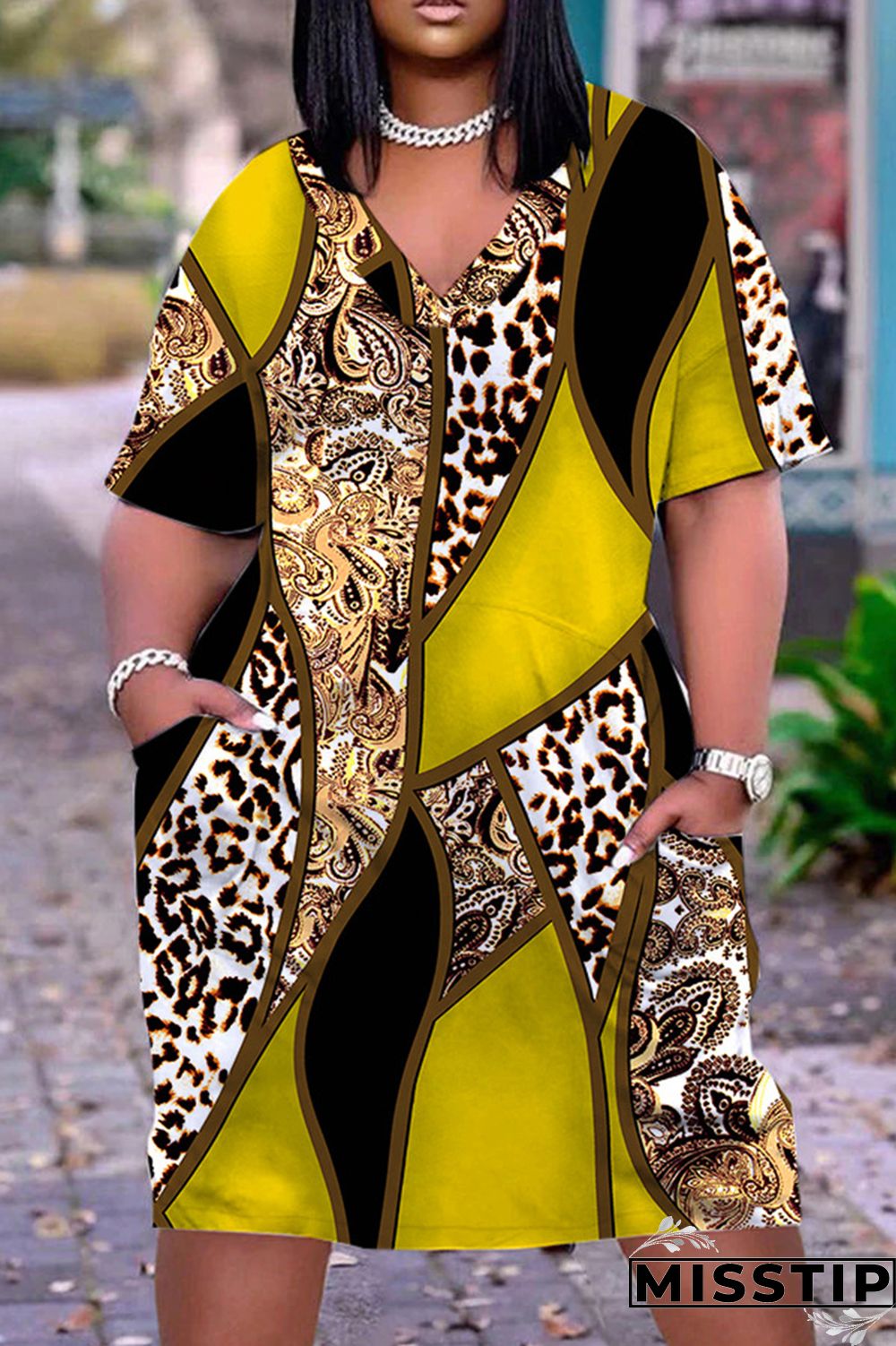 Yellow Casual Print Patchwork V Neck Short Sleeve Dress