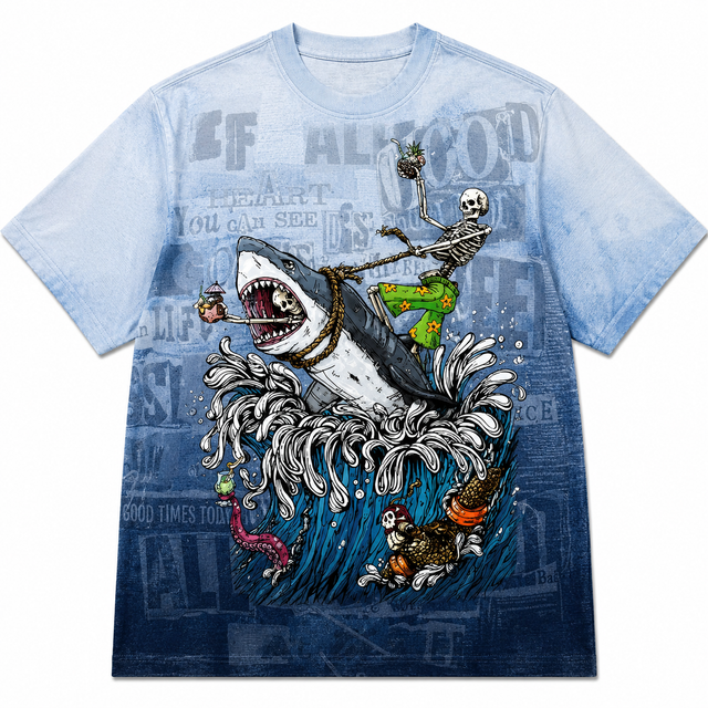 Surf Wave Rider Cotton T-Shirt - Blue / Navy / White