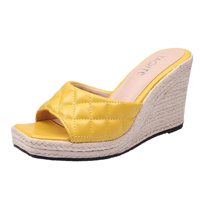 Wongn Wongn Slippers 2023 Summer New Thick Sole High Heel Retro Square-Headed Sandals Women's Fashionable Hemp Rope Grass Base