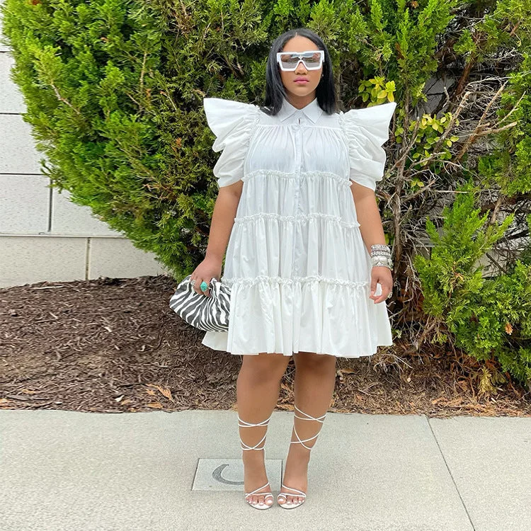 Uveng Dress High Waist Retro Pleated Puff Sleeve Loose Women's Shirt