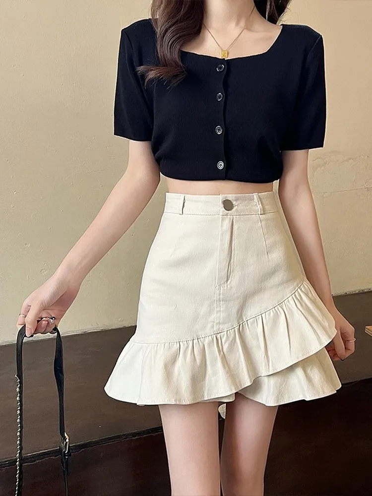Flowy A - Line Mini Skirt with Ruffle Hem Lightweight Spring & Summer