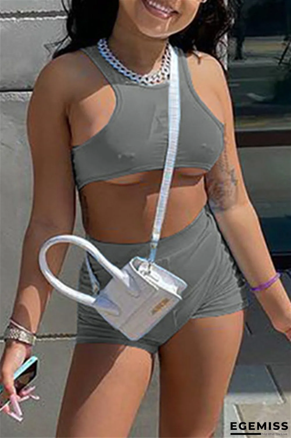 Grey Casual Sportswear Solid Basic O Neck Sleeveless Two Pieces | EGEMISS