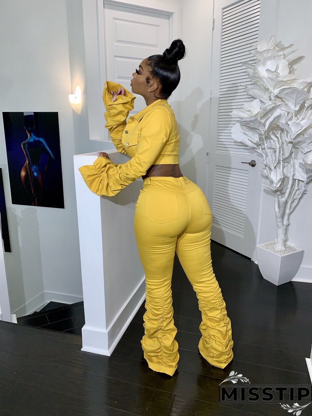 Flare Sleeve Wrinkle Short Jacket+Skinny Flare Legs Suits