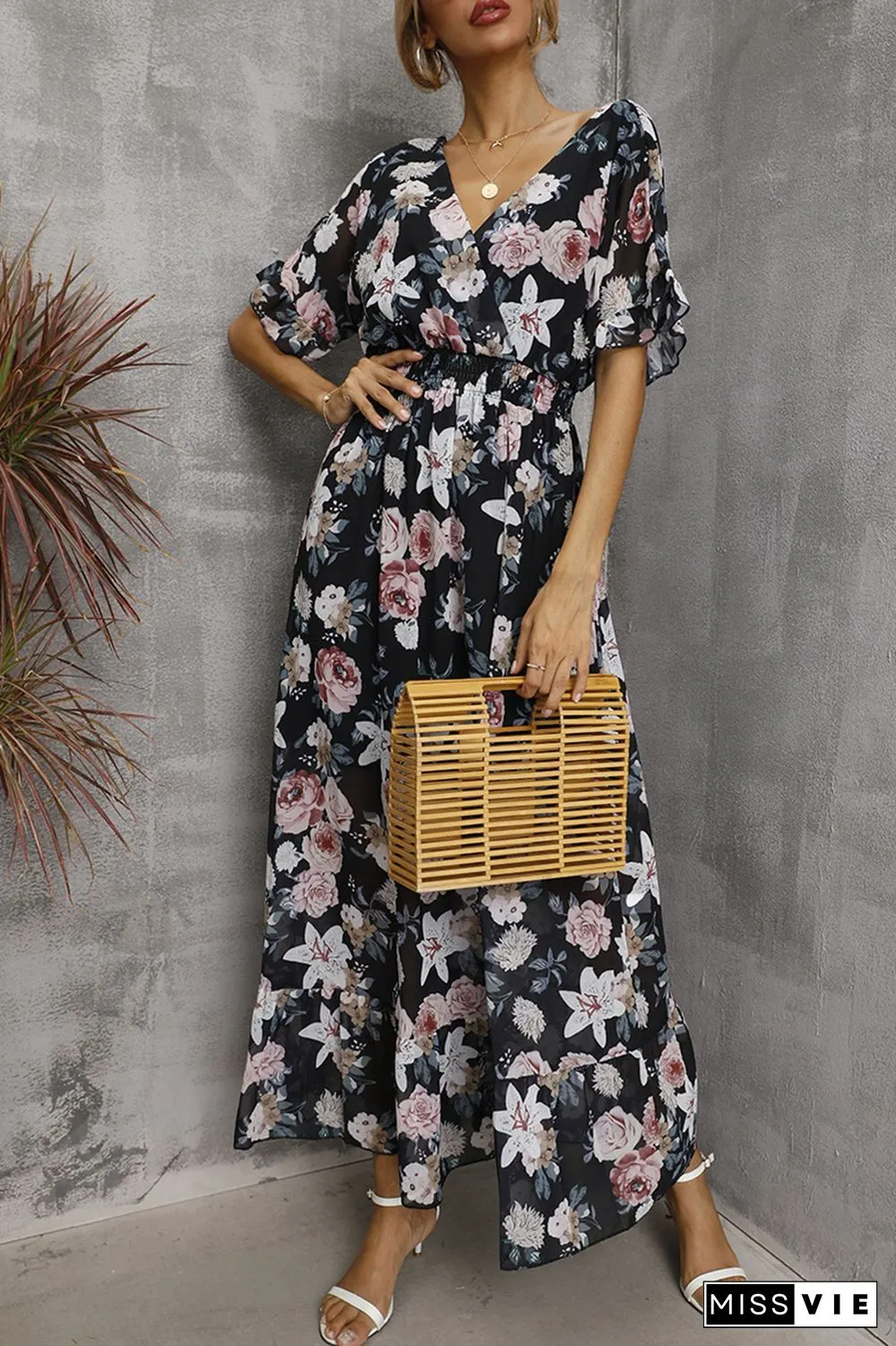 Elegant Floral Split Joint Flounce V Neck Waist Skirt Dresses