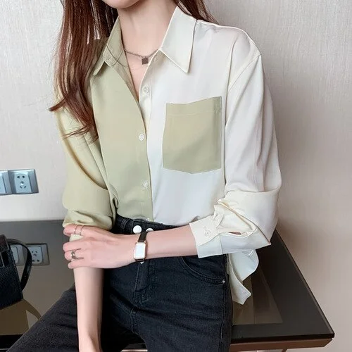 Long Sleeve Pockets Chiffon Blouse Shirt Blouse Women Blouses Female Fashion 2023 Turn Down Collar Office Blouse Tops Blouse D630