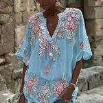 Women's Spring Floral Embroidered Art Print Flowy Linen Blend Casual Tops - Image 6