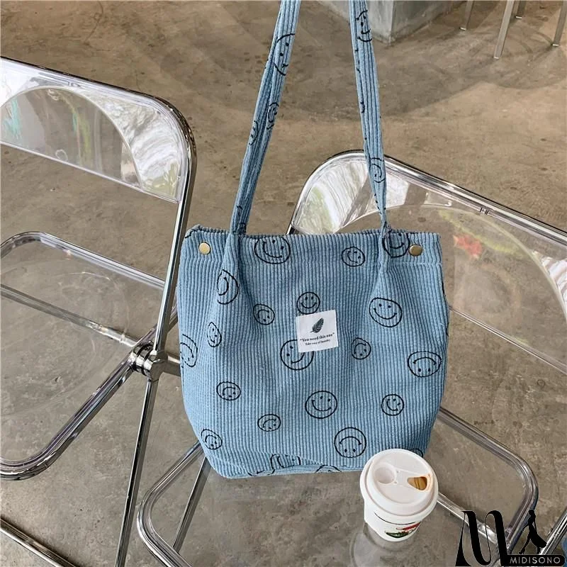 MidiSono - Women Large Smiley Corduroy Shoulder Tote Bag