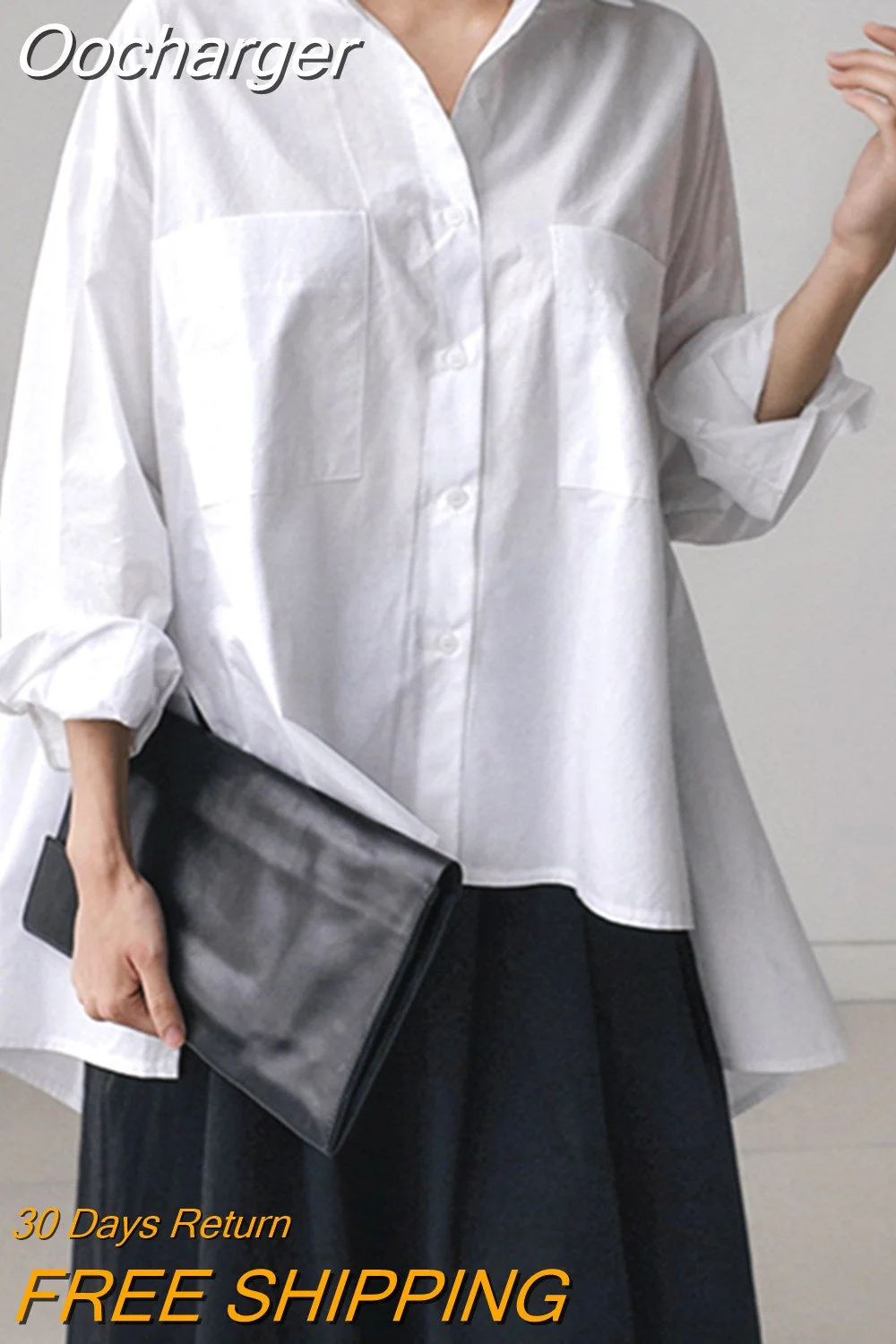 Oocharger Batwing Sleeve Casual Shirt Tops Female Long Sleeve Big Pockets Irregular Blouse Women Korean Fashion 2023 Summer