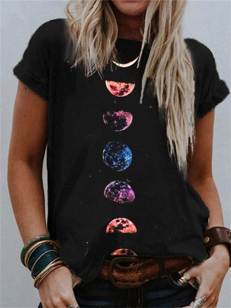 Colorful Mystical Moon Phase Print Casual T Shirt