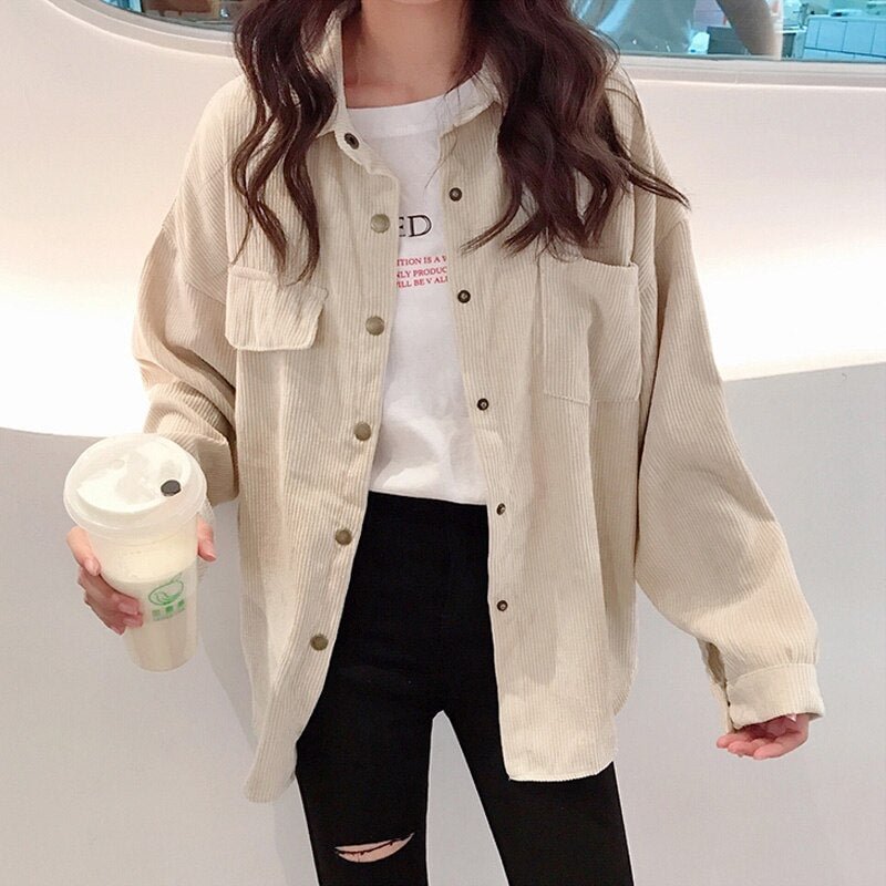 Fashion Corduroy Jacket Women Coat Casual Vintage Single Breasted Turn Down Collar Long Sleeve Pocket Solid Button Clothes 10784