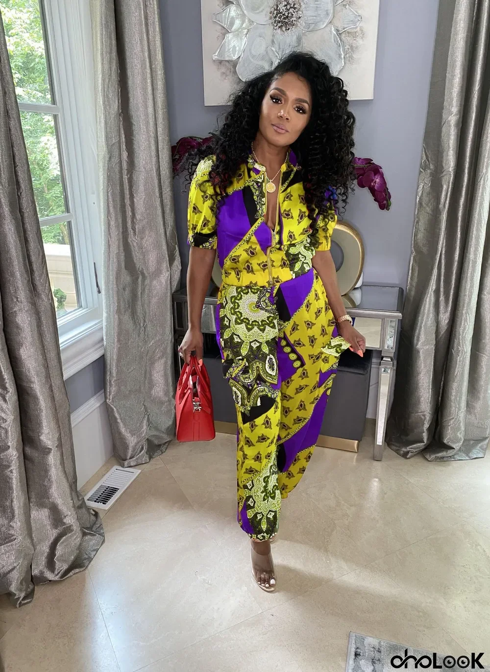 Casual Printed Zipper Short Sleeve 2 Piece Pants Set