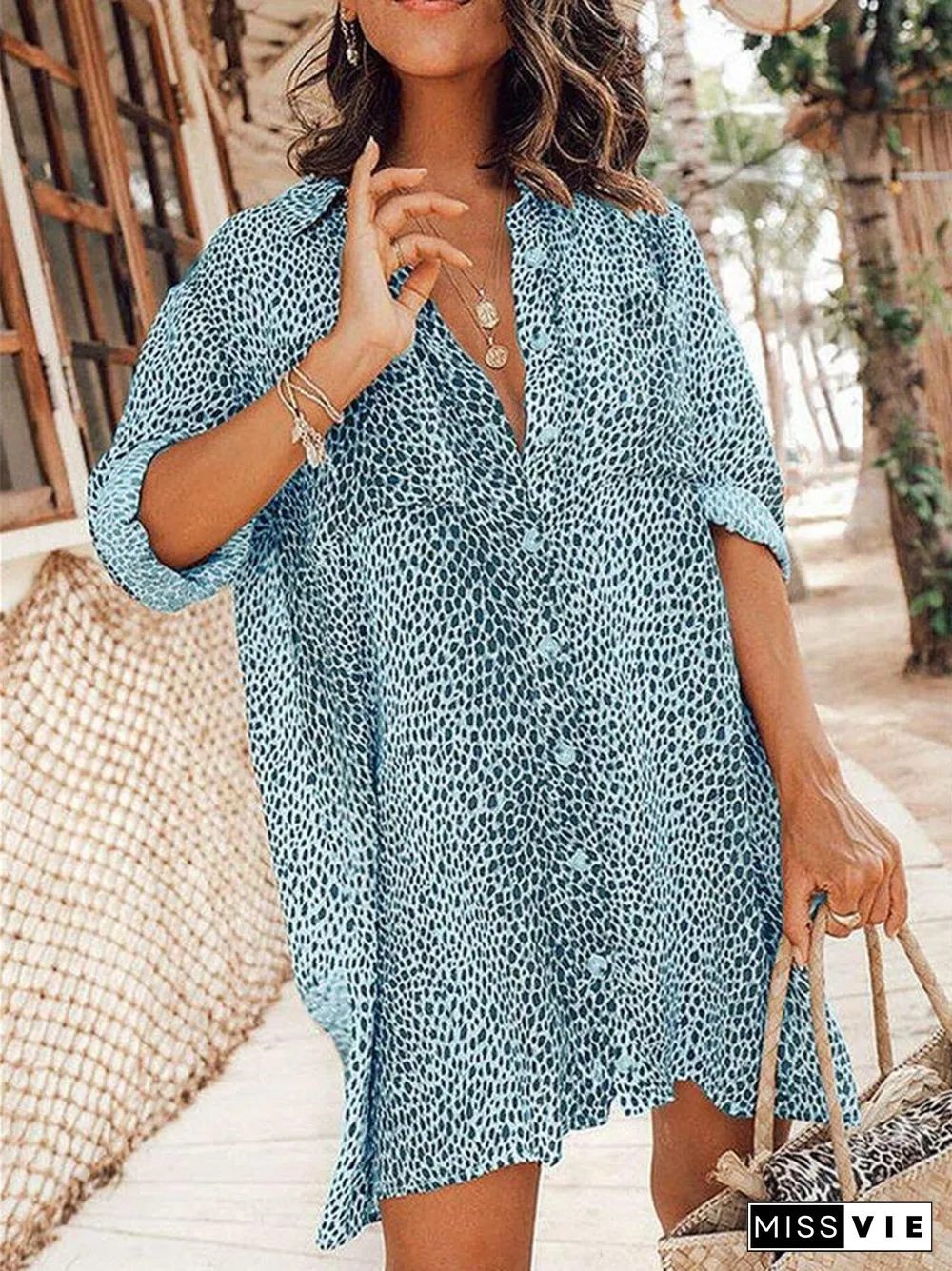 Women Long Sleeve Lapel Leopard Print Shirt Dress