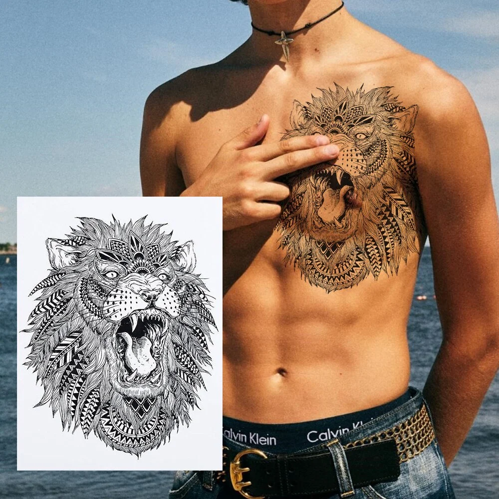 Sdrawing Military Wolf Temporary Tattoos Sleeve For Men Adult Fake 3D Lion Skull Tatoos Sticker Full Arm Warriors Tattoos For Show