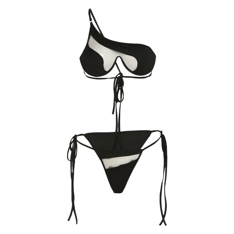 Weird Puss Beach Style Women Bikini 2 Piece Set Sexy Mesh Patchwork One Shoulder Bra Top+Bandage Briefs Vacation Trend Clubwear