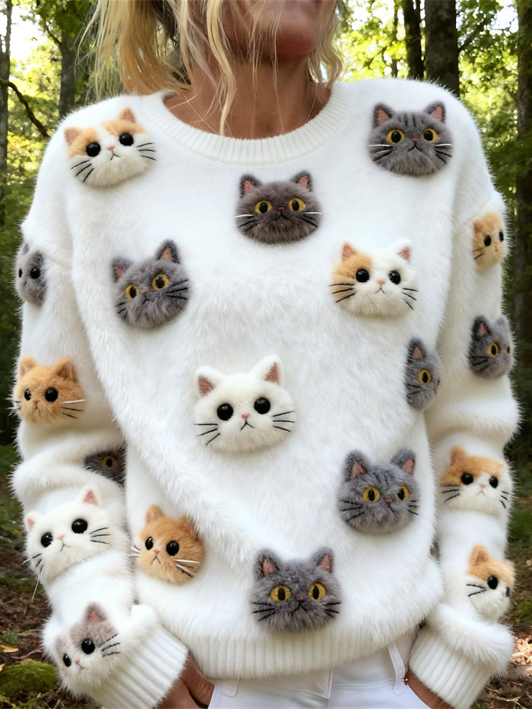 Plush Cat Design Women's Knit Crew Neck Sweater elevenforest