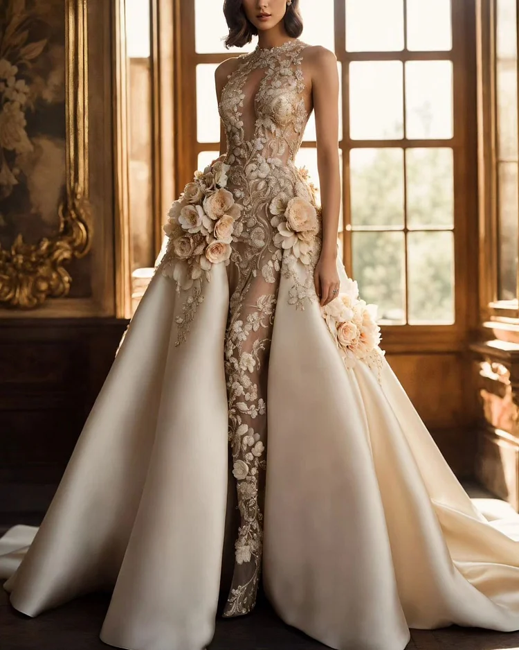 Elegant embroidered three-dimensional floral gown