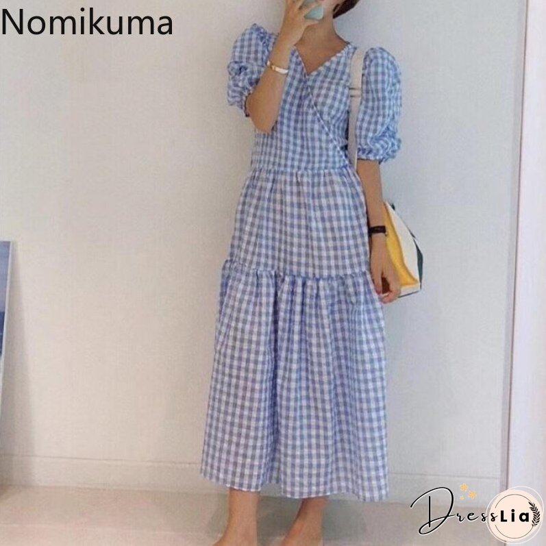 Christmas Gift Nomikuma Korean Fashion Plaid Dress Women V Neck Short Sleeve A Line maxi Dresses Robe Casual Sweet New Chic Vestidos Mujer
