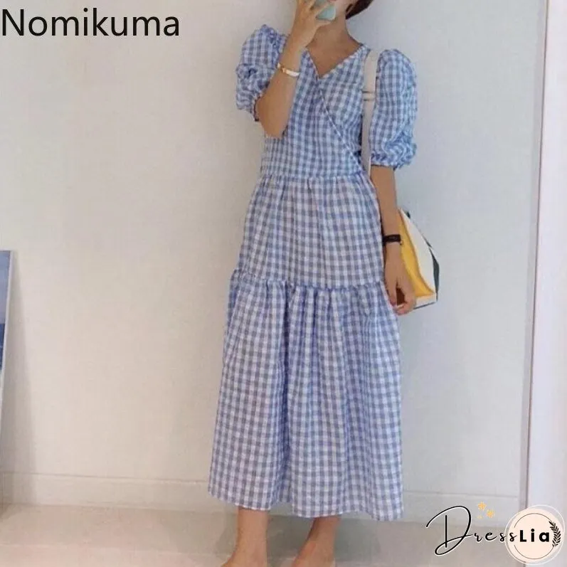 Christmas Gift Nomikuma Korean Fashion Plaid Dress Women V Neck Short Sleeve A Line maxi Dresses Robe Casual Sweet New Chic Vestidos Mujer