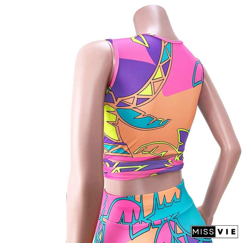 Women Streetwear Fashion Summer Print Bandage Crop Top Mini Skirt Party Clubwear Two Piece Set