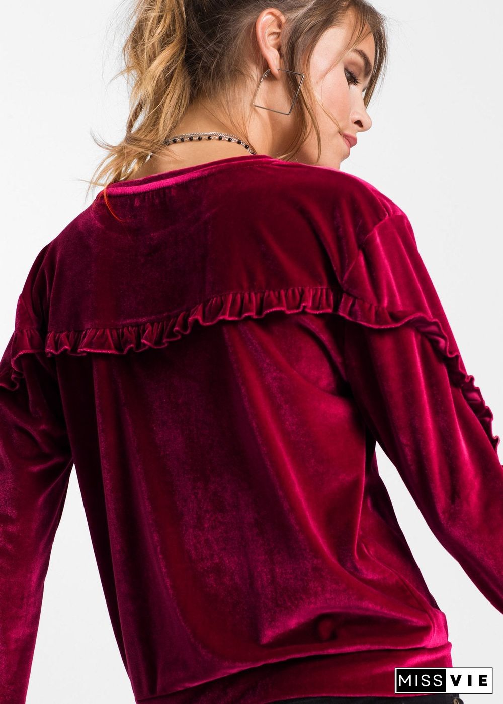 Round Neck Velvet Ruffled Velvet Shirt
