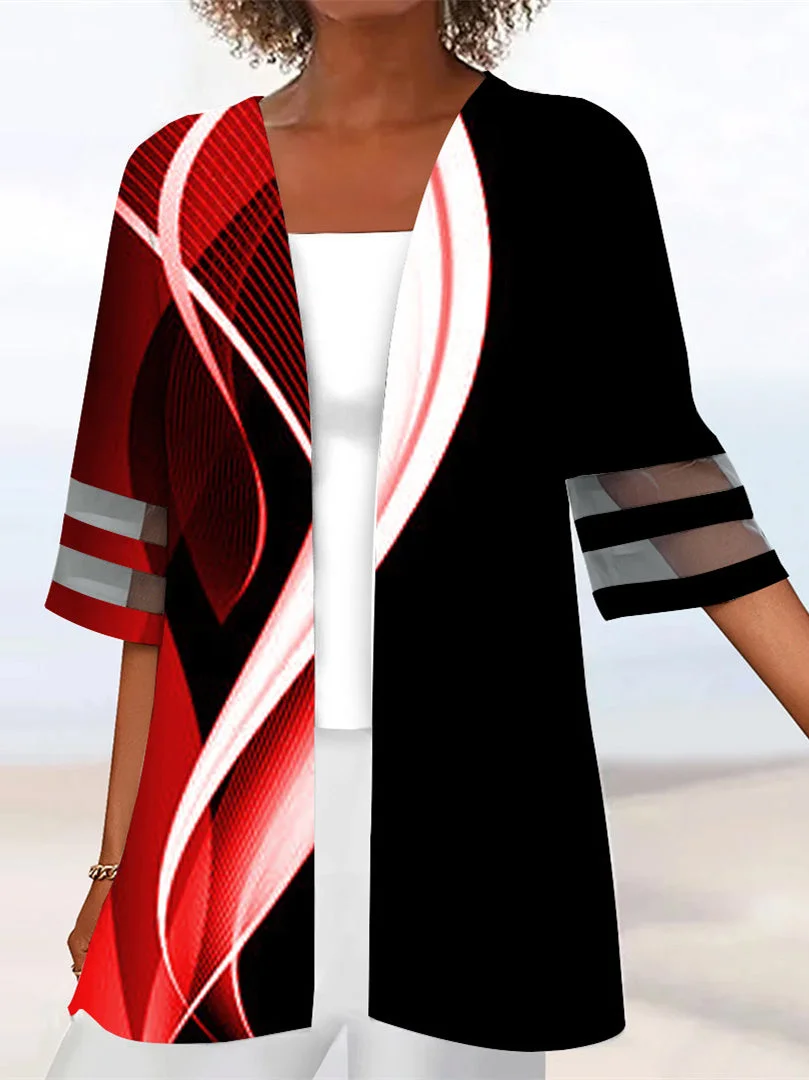 Women Half Sleeve Scoop Neck Striped Printed Colorblock Two-Pieced Tops