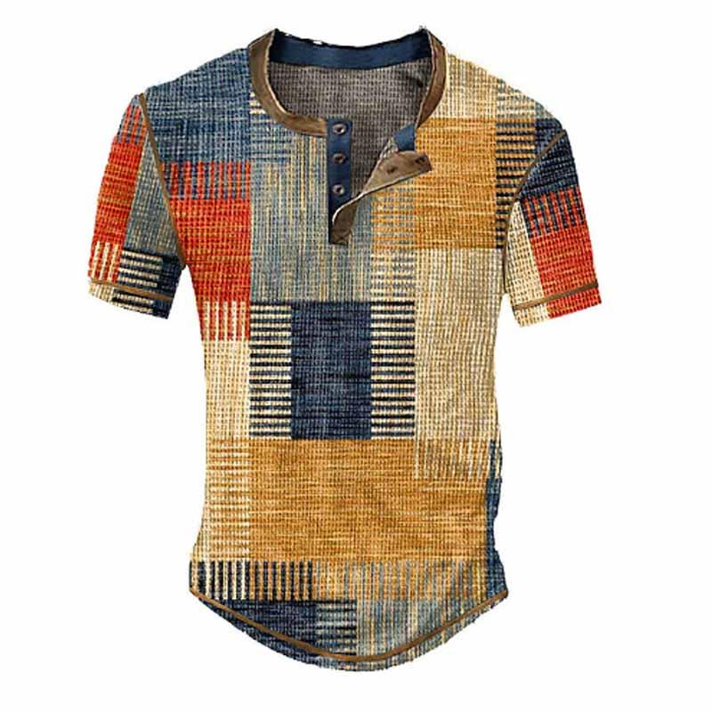 Men's Color Block Print Waffle Henley Short Sleeve T-Shirt