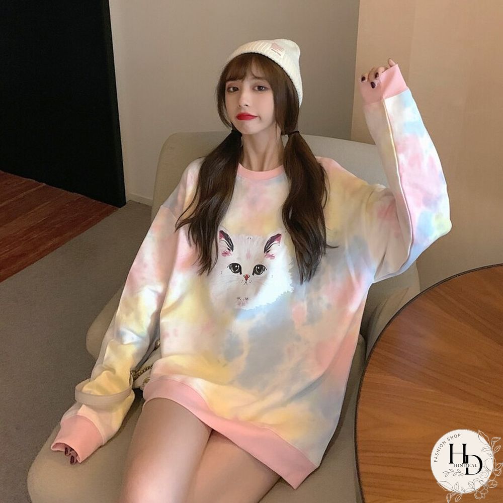 Spring Fall Tie Dye Sweatshirts Women Cartoon Cat Printed Loose Hoodies Girls Kawaii Oversized Pullovers Clothes Mujer Harajuku
