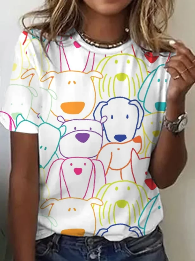 Women's Animal Puppy Print Crew Neck Short Sleeve T-Shirt