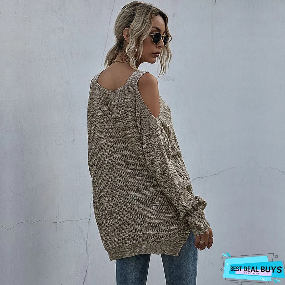 Solid Knit Square Neck Loose Off Shoulder Bottomed Sweater Women's Long Sleeve