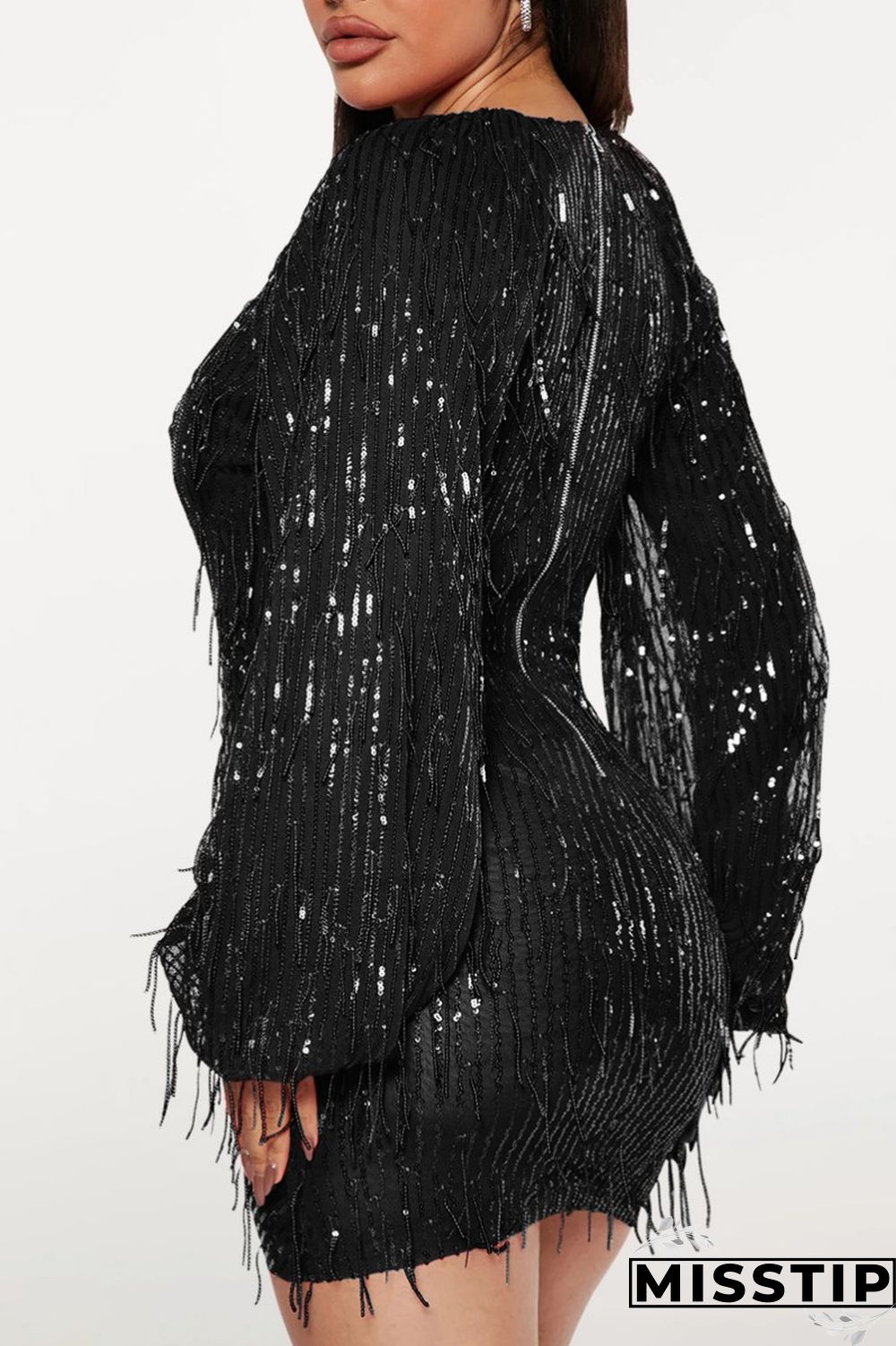 Black Casual Patchwork Tassel Sequins V Neck Long Sleeve Dresses