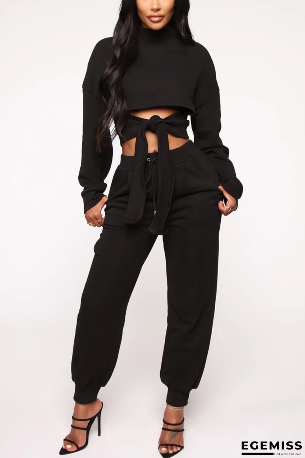 Black Fashion Casual Dew Waist Bandage Two Pieces | EGEMISS