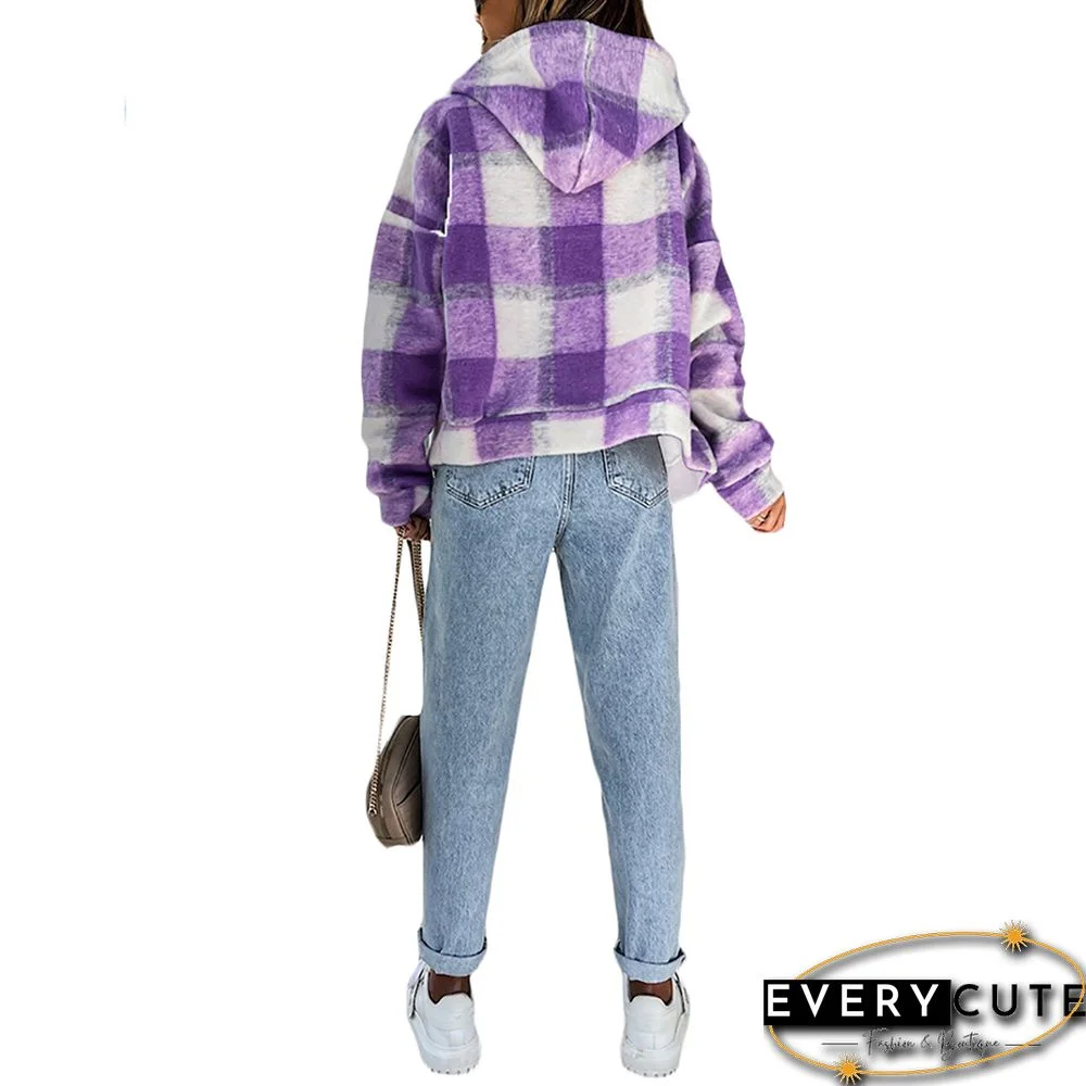 Purple Plaid Print Zipper Hooded Warm Coat