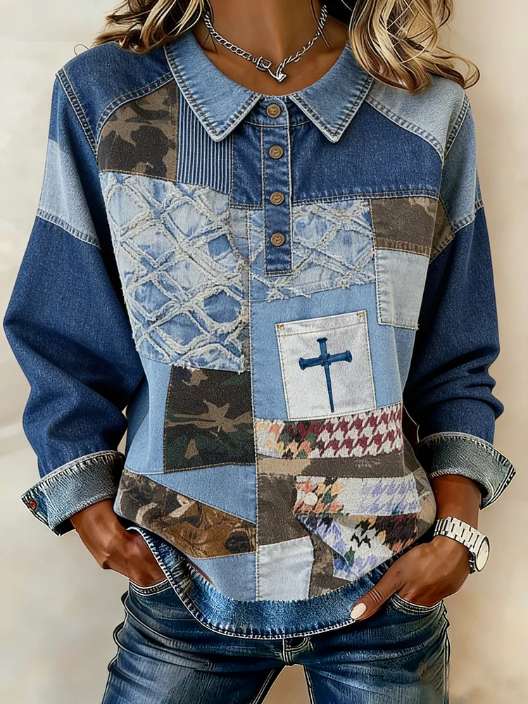 Women's Winter Faith Denim Contrast Print Round Neck Top 