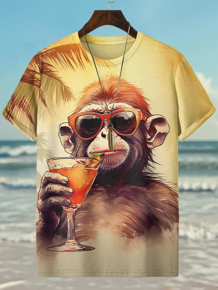 Men's Beach Party Monkey Drinks Cocktails Print Casual T-Shirt