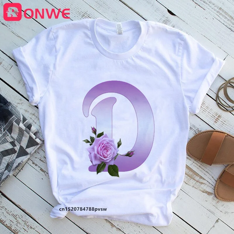 Women's Custom Name Rose Letter Combination Printing T-shirt Flower Letter Font A B C D E F G Short sleeve Tshirt,Drop Ship