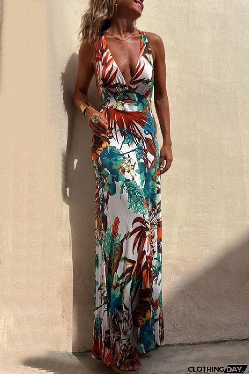 Sexy Vacation Floral Backless V Neck Printed Dress Dresses