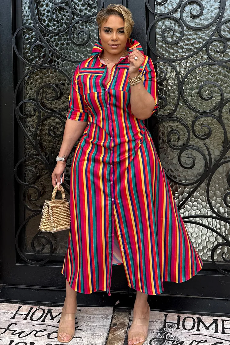 Colorblock Stripe Half Sleeve Vacation Maxi Shirt Dresses-Red [Pre Order]