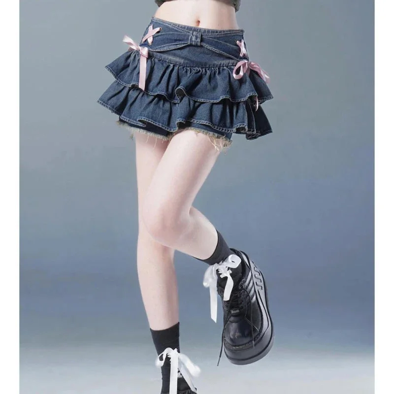Tlbang Korean Sweet Denim Mini Skirt Women Ruffle Kawaii Bow Coquette Skirt Vintage Summer Cutecore Black A-line Short Skirts